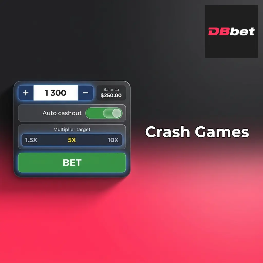 Crash games lobby on DBBet showing rising multiplier display with cash out button before crash occurs