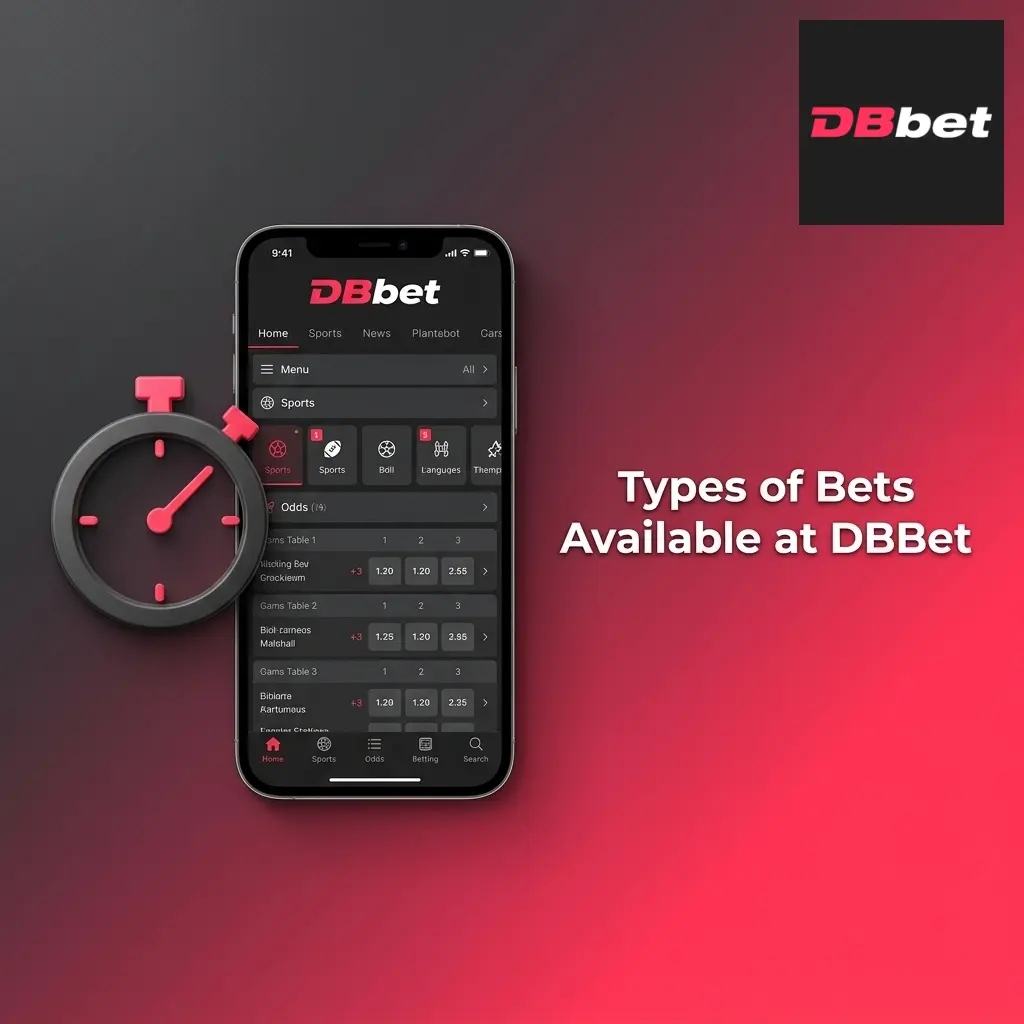 DBBet bet types including match result, Asian handicap, over under, accumulator, and live in-play betting options